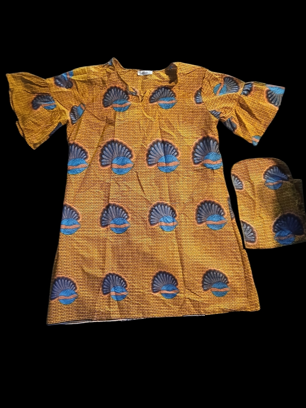 Yellow & Blue Shell Print Ankara Kaba Dress 1xl